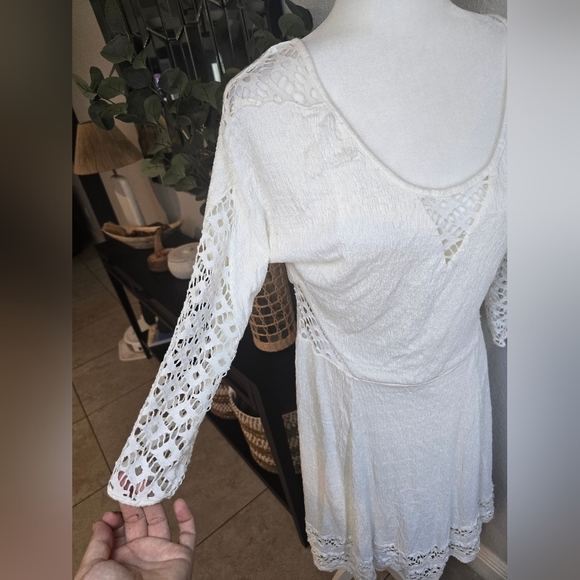 Free People Fit Flare Knit Skater Dress 3/4 Slv Lace Mesh Cutout  stretch Size L - Picture 7 of 12